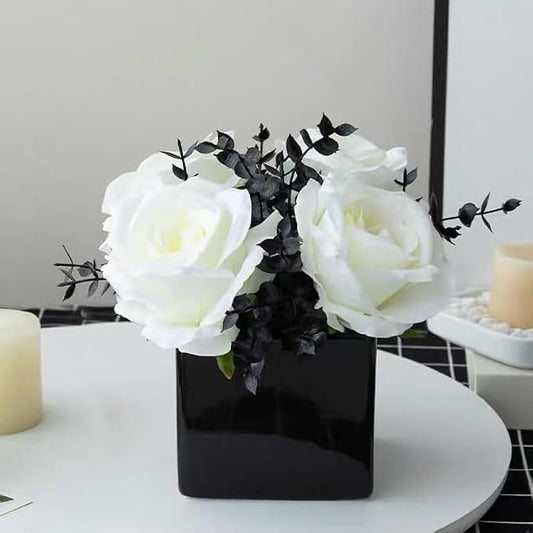 LADADA Artificial Flowers with Small Ceramic Vases | Roses in Vases Plastic Artificial Flowers and Plants,Used for Home Office Wedding Decoration（white + black）