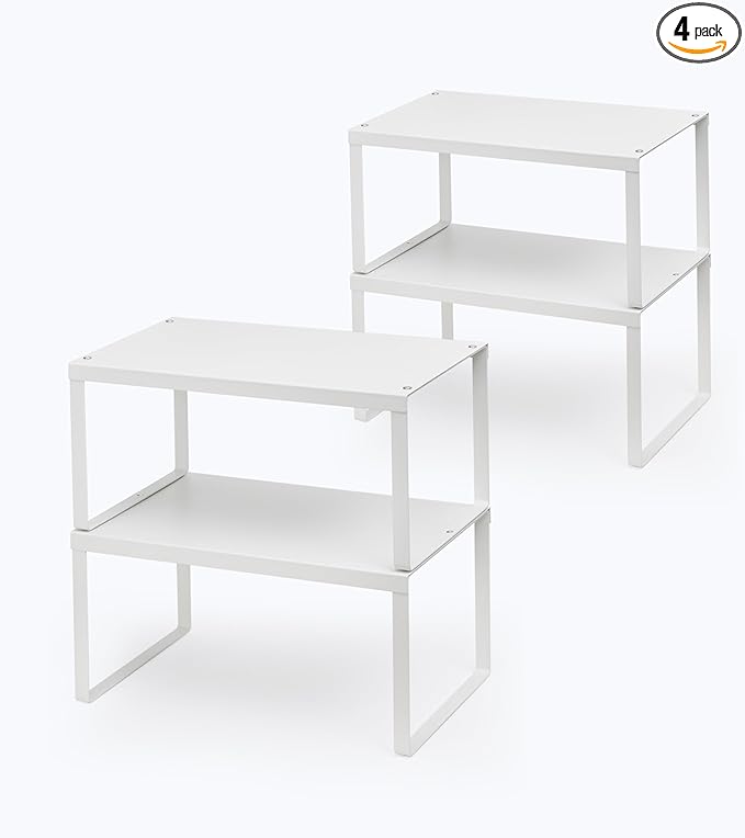 Cabinet Organizer Shelf, Set of 4 Cabinet Shelves, Stackable Metal Kitchen Counter Organizer, Adjustable Countertop Cupboard Pantry Shelf Riser Storage Rack, White