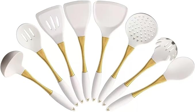 8-Piece Silicone Kitchen Utensil Set, White and Gold, Heat Resistant Cooking Tools with Comfort Handles- Includes Spatula & Spoon for Nonstick Cookware (Elegant White & Gold)