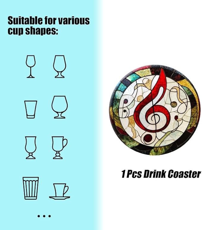 Round Ceramic Stone Cork Drink Coasters, Circular Composition of Musical Notes Absorbent Removable Non-Slip Cup Mat Place for Kitchen Counter Drinks Coffee Cup Tableware Set of 1 (4 * 4 Inch)