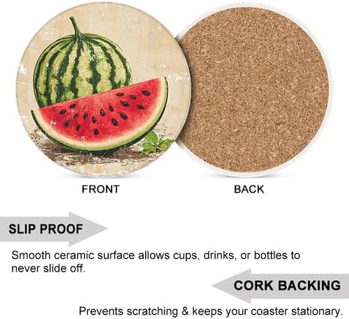 Ceramic Coasters Set of 6 Absorbent Stone Drink Coasters with Holder,Non-Slip Cork Backing,Retro Watermelon Coasters for Coffee Table,Desk & Home Decor