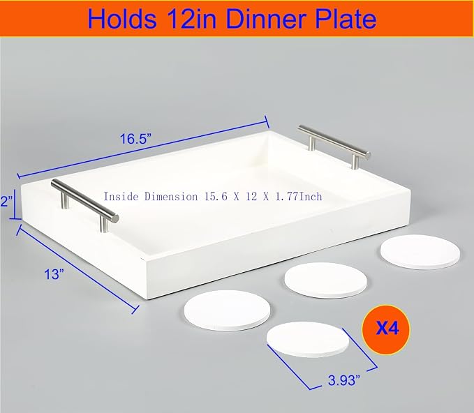 Serving Tray 16.5“X 13“ Deluxe Wooden Ottoman Food Tray for Eating, Dinner Trays for Eating on Couch Tray,Coffee Table with Polished Silver Metal Handles-4 Round Coasters Included, White