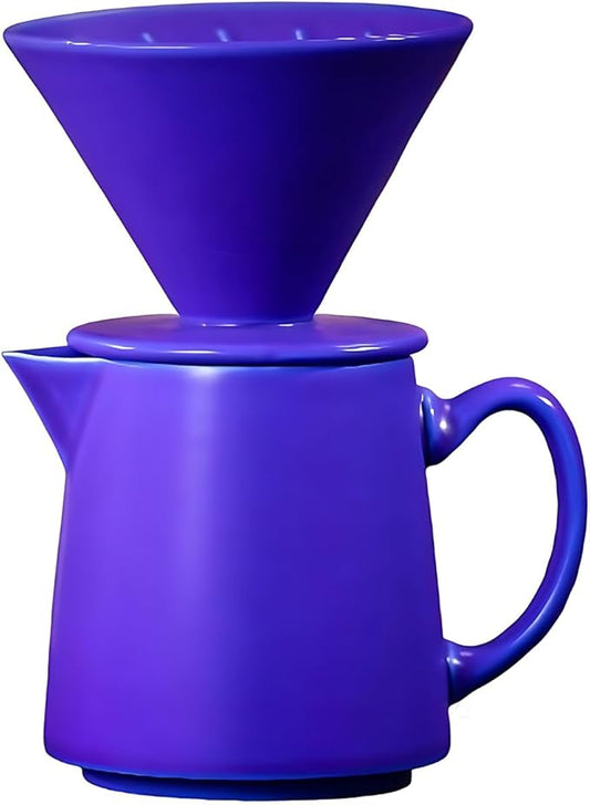 Ceramic Pour Over Coffee Dripper Vintage, Pour Over Coffee Maker Set, Filter Cup, Coffee Brewer Cone Filter, V60 Dripper & Decanter set, for Home Café Restaurant, 1-2 Cup (Sapphire Blue)