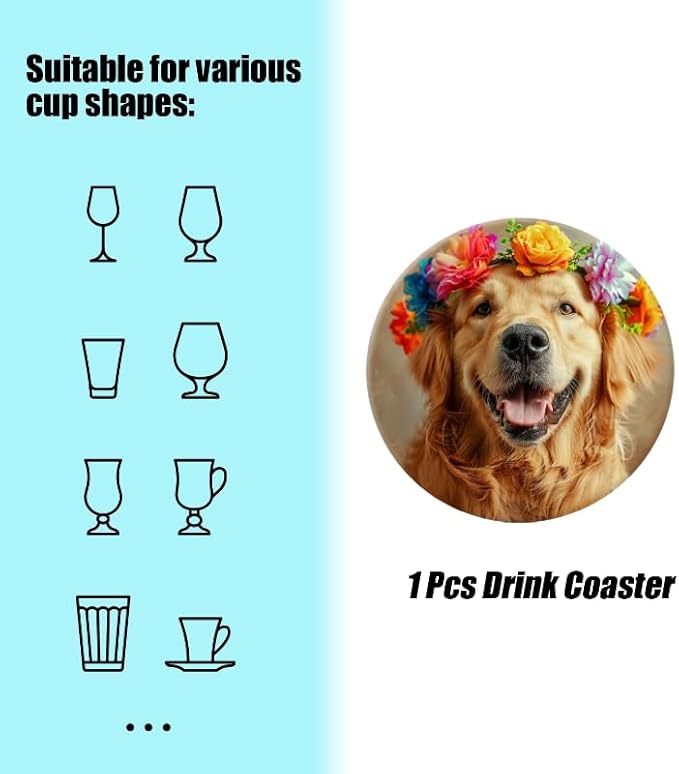 1 Pcs Coffee Cup Coasters for Drinks, Smiling Golden Retriever with Colorful Flower Round Absorbent Non-Slip Ceramic Stone Cork Coasters for Kitchen Office Decoration Bar (4 * 4 Inch)