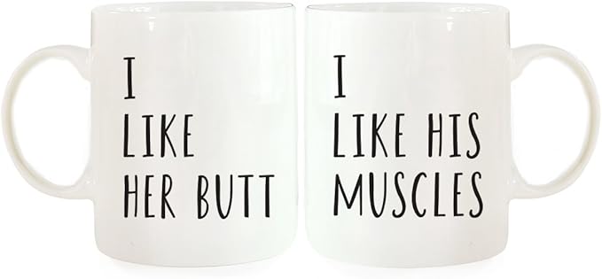 Andaz Press 11oz. Ceramic Ceramic Valentines Day Coffee Mugs Wedding Anniversary Couples Gift Set, I Like Her Butt, I Like His Muscles, 2-Pack, Anniversary His Hers Girlfriend Gym Boyfriend Cups