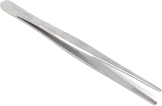 Professional Culinary Stainless Steel Precision Tongs with Serrated Tips, Plating/Food Presentation Detailing Serving Tongs, Chef's Kitchen Tweezer Tongs - Ultra Non-Slip Grip (8 Inch)
