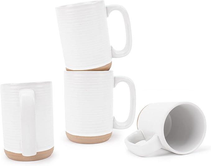 Elanze Designs Tall Ribbed Raw Clay Bottom White 16 ounce Ceramic Coffee Mugs Set of 4