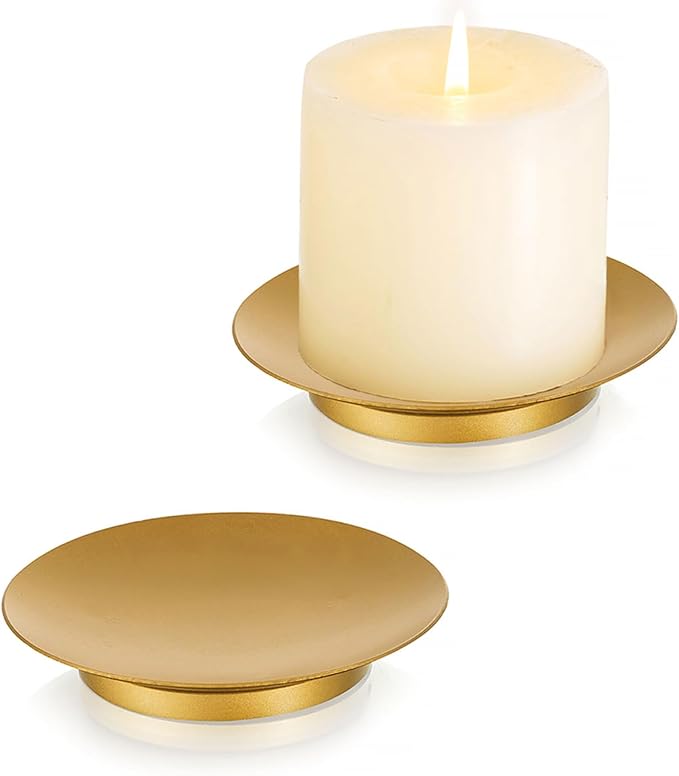 Romadedi Iron Plate Candle Holder - Gold Candle Holders for Pillar Candles, Set of 2 Small Candle Tray Pillar Candle Holder Plate Metal Candle Stand for Coffee Table Decor, Wedding, Party, Home Decor