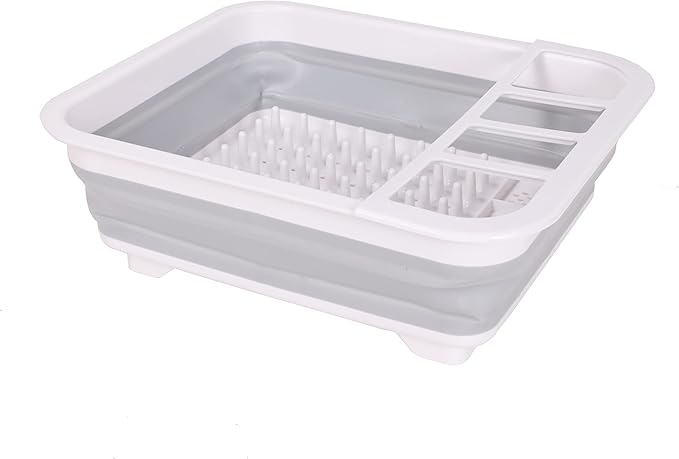 J&V TEXTILES Collapsible Dish Drying Rack - Popup for Easy Storage, Drain Water Directly into The Sink, Room for Eight Large Plates, Sectional Cutlery and Utensil Compartment, Compact (Gray)