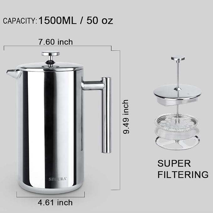 Secura French Press Coffee Maker, 304 Grade Stainless Steel Insulated Coffee Press with 2 Extra Screens, 50oz (1.5 Litre), Silver (Pack of 2)