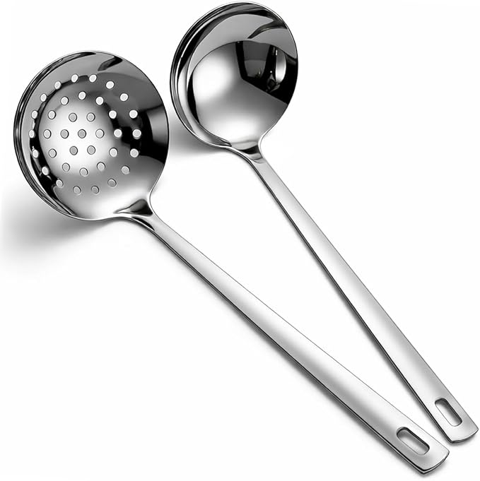 Berglander Slotted Spoons and Kitchen Ladle Spoon Set 2 Pcs, Stainless Steel Kitchen Spider Strainer Skimmer Soup Ladle for Straining Pasta/Cooking/Frying, Serving Soup/Gravy, Metal Kitchen Utensils