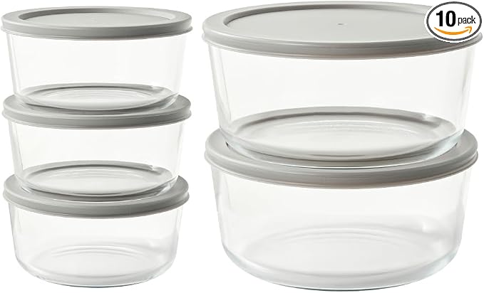 10-Piece Glass Food Storage Containers Set (5 Containers + 5 BPA-Free Lids) | 4-Cup & 6.5-Cup, Leakproof | Microwave, Freezer, Oven & Dishwasher Safe | Ideal for Meal Prep & Pantry Organization, Grey