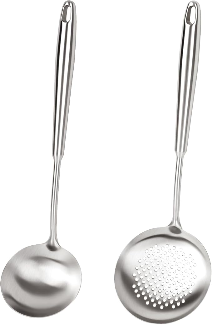 2PCS Soup Ladle Stainless Steel and Slotted Spoon Set, 304 Wok Utensils Set, Metal Strainer Spoon for Cast Iron/Carbon Steel Wok
