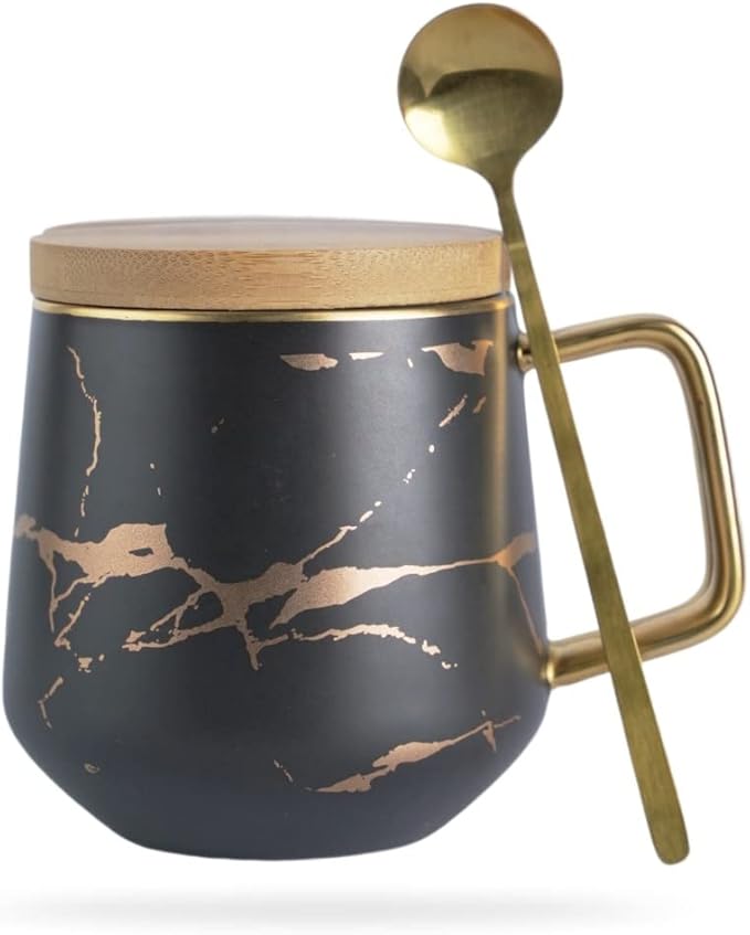 Classic Ceramic Kintsugi Style Black Coffee Tea Mug with Gold Inlay, Spoon and Bamboo Lid- 12 OZ, Large Mugs for Men and Women, Unique Design, Perfect Novelty Gift- Dishwasher Safe