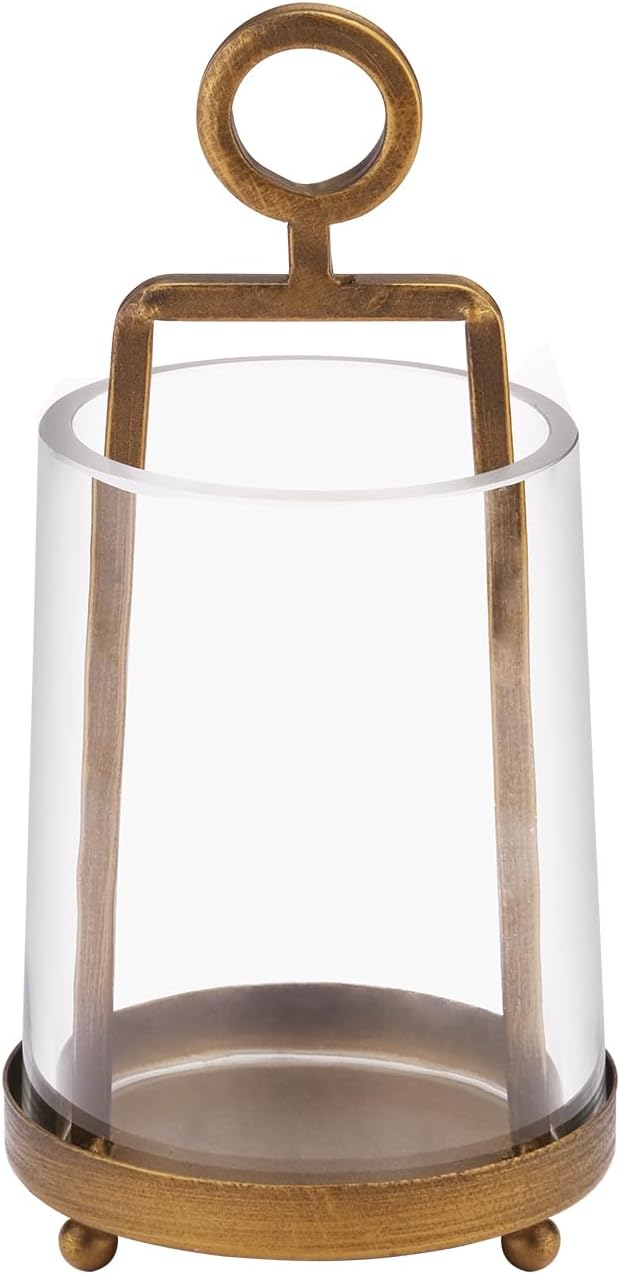 3.3" Wide Modern Farmhouse Metal Hurricane Candle Holder with Handmade Sturdy Glass Sleeve in Antique Brass for Pillar Candle & Plants, Glass Hurricane Lantern, Industrial, Minimalistic