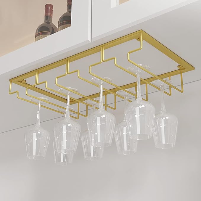 Wine Glass Holder Under Cabinet - Hanging Stemware Holder, Wine Glasses Storage Hanger Metal Organizer for Cabinet Kitchen Bar (4 Rows)