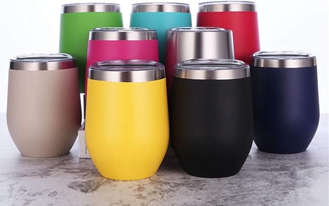 12 oz Stainless Steel Wine Tumbler Stemless Glasses with Lid, Double Wall Insulated Travel Mug Perfect for Wine, Coffee, Drinks, Champagne, Cocktails(Black)