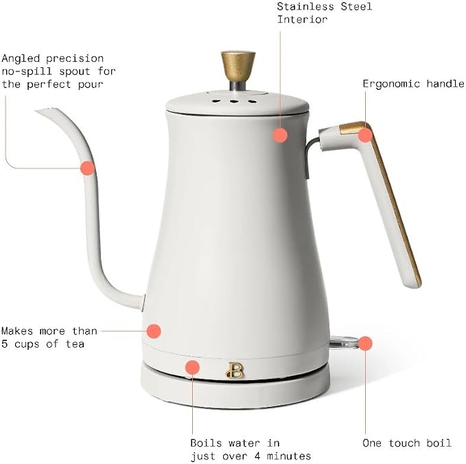 Beautiful Electric Gooseneck Kettle, 1 Liter, 1200W, Stainless Steel Interior, Fast Boil, Precision Pour Spout, Auto Shut-Off & Boil-Dry Protection (White)