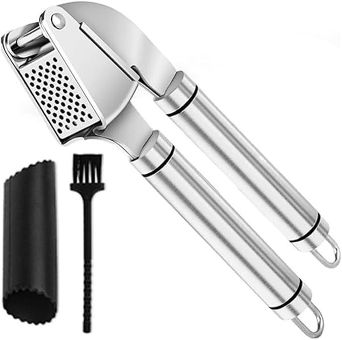 KUYRA Garlic Press Stainless Steel Set Premium Professional Garlic Mincer, Silicone Peeler & Brush, Clove Crusher, Handheld Mincer & Squeezer, Easy Clean Rustproof, Dishwasher Safe Kitchen Peelers