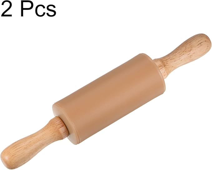 HARFINGTON 2pcs Silicone Rolling Pins for Baking 9.25 Inch Non-Stick Silicone Surface Wooden Handle Rolling Pin Small Roller Playdough Rolling Pins for Fondant Kitchen Dough Pizza, Brown