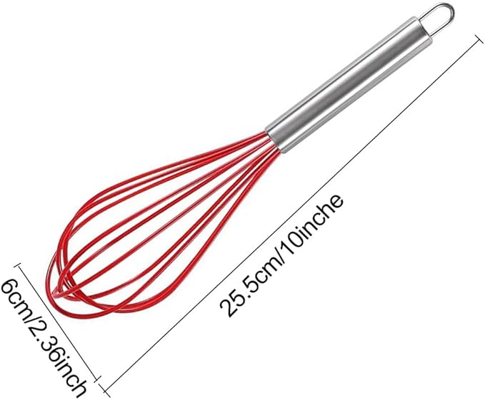 Silicone Whisk with Stainless Steel Handle, 10 inch Mini Wisk Balloon Kitchen Whisks Tool set of 12, Egg Beater Wisking for Cooking, Beating, Make Cake (Red)