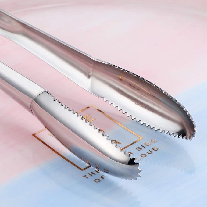 Stainless Steel Cooking Tongs for Frying, 9 Inches Serving Tongs Appetizers Charcuterie with Teeth for Parties, Food Tongs Kitchen Tongs for Nonstick Cookware, Set of 2 (Silver)