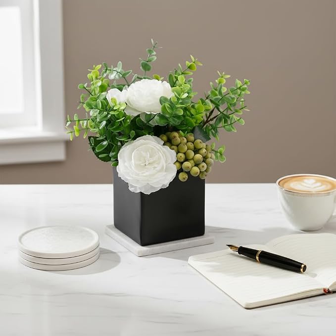 Artificial Flower Arrangement in Black Vase，Floral Centerpiece Table Decor | ﻿ White Artificial Rose Flower Arrangement Set, Faux Eucalyptus Berry Bouquet with Black Square Ceramic Pot for Table Decor