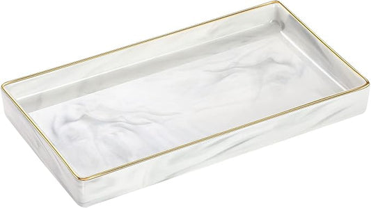 Luxspire Vanity Tray, Marble Ceramic Jewelry Dish Tray, Bathroom Tray with Golden Edged Home Décor, Countertop Organization Bathroom Holder Organizer for Candles, Perfume - Marble White
