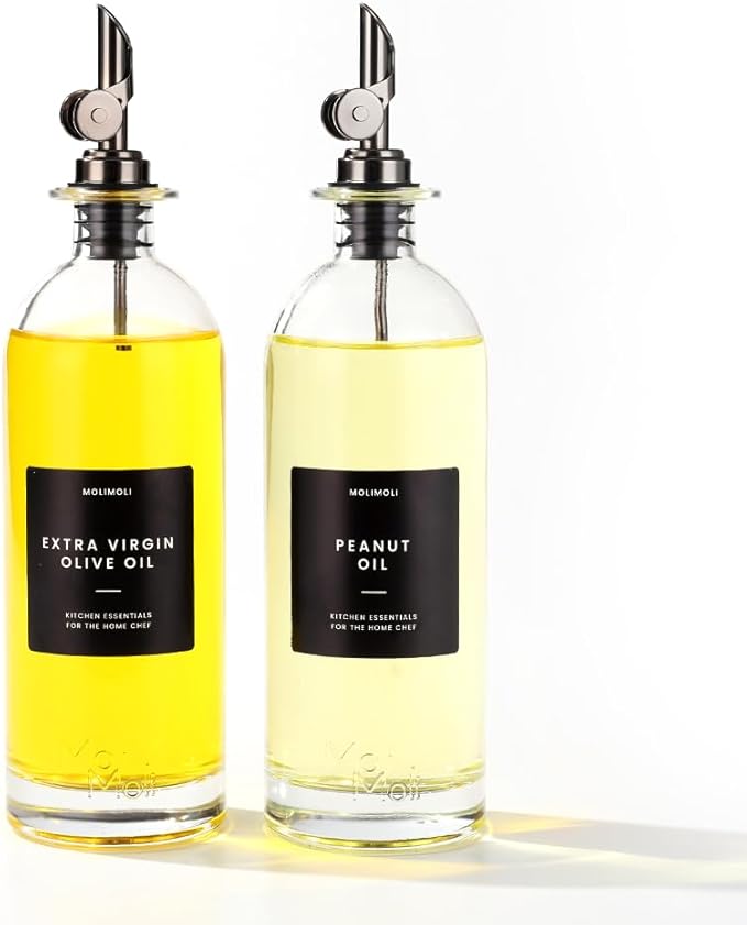 Molimoli Oil and Vinegar Dispenser with Metal Pour Spout, Weighted Pourer, Glass Bottle Dispenser for Kitchen, Olive Oil Cruet, Glass Olive Oil Bottle | 500ml, Set of 2