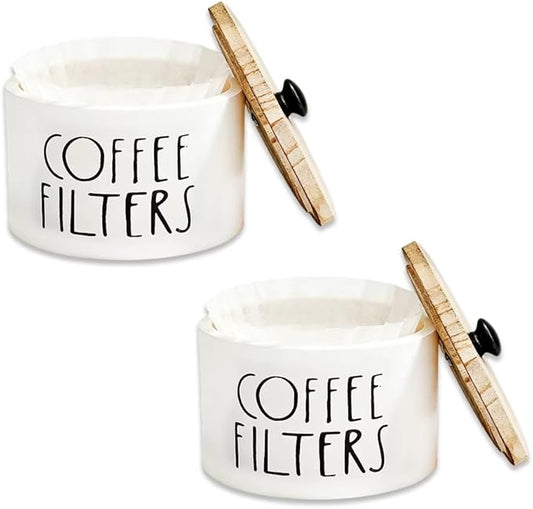 2 Pack White Coffee Filter Holder with Bamboo Lid - Large Capacity Metal Coffee Filter Dispenser Pod Organizer Basket, Bar Counter Decor Accessory