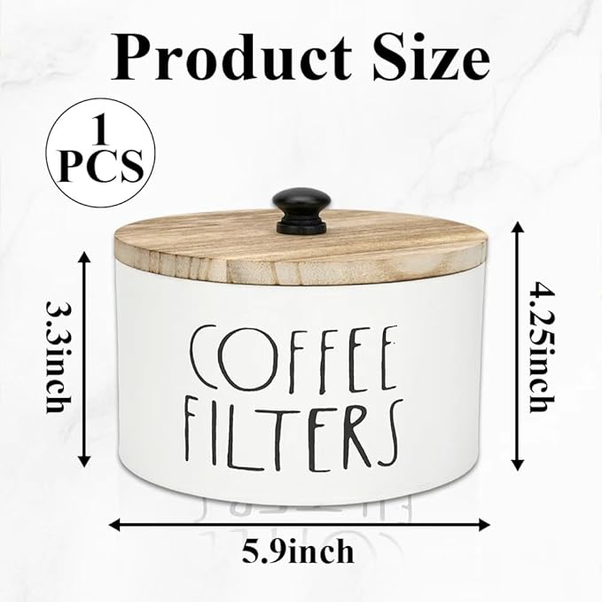 1 Pack White Coffee Filter Holder with Bamboo Lid - Large Capacity Metal Coffee Filter Dispenser Pod Organizer Basket, Bar Counter Decor Accessory