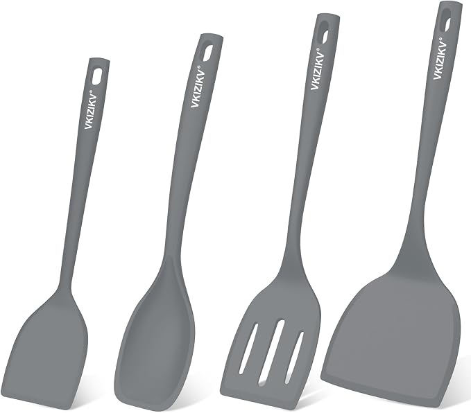Silicone Spatula Turner Set, 4 Pack, 600°F Heat Resistant Cooking Spatulas, Spoons, BPA Free & Non-Stick Kitchen Utensils, Ideal for Flipping Egg, Pancake, and Serving, Dishwasher Safe (Gray)