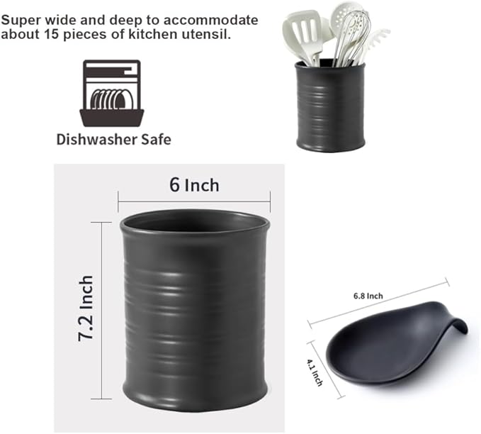 Nihow Kitchen Utensil Holder and Spoon Rest: Ceramic Utensil Holder for Countertop - Stable Utensil Crock for Kitchen Counter Decor - Elegant Matte Black