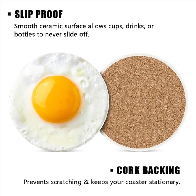 Ceramic Drink Coasters Absorbent Set of 1, Fried Egg Round Anti Slip Modern Cup Coasters for Desk Kitchen Office Housewarming Hostess Gifts (4 * 4 Inch)