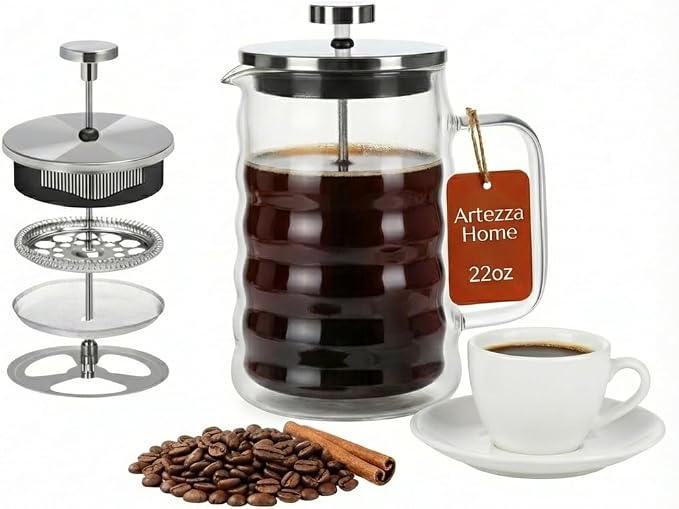 Wavy Glass French Press Coffee Maker 22oz – Cute Small French Press – Double-Wall Borosilicate Coffee Press with Stainless Steel Filter – Manual Coffee Brewer & Tea Press