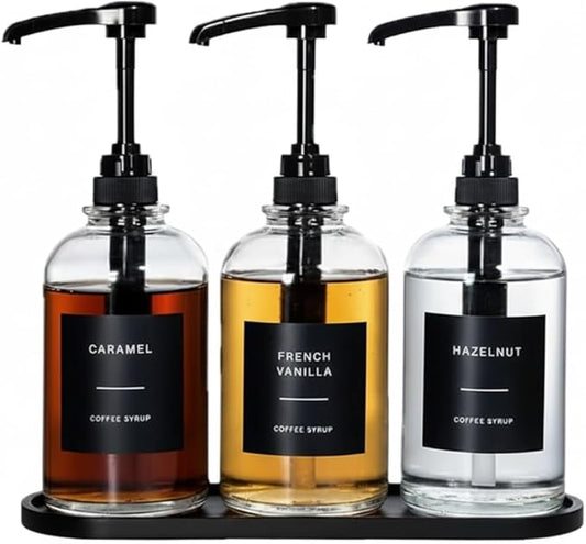 Coffee Syrup Dispenser for Coffee Bar, Glass Syrup Bottle with 1/4 oz Large Capacity Pump, Syrup Pump Dispenser with Pump for Coffee Station, Black with Tray,16.9oz, Set of 3