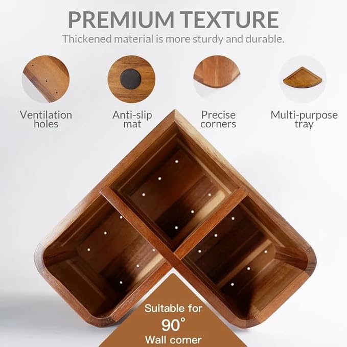 Large Kitchen Utensils Holder with 3 Compartments,Corner Utensil Caddy for Countertop,Acacia Wooden Utensil Organizer for Kitchen Countertop, Farmhouse Decor