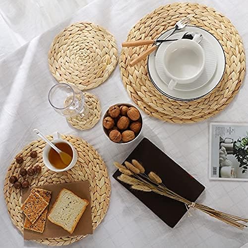 6 Pack 11.8" Woven Placemats, Natural Hand-Woven Water Hyacinth Placemats, Round Braided Rattan Tablemats for Dining Table, Large Weave Round Place Mats Heat Resistant Non-Slip Table Mats, 11.8 Inch