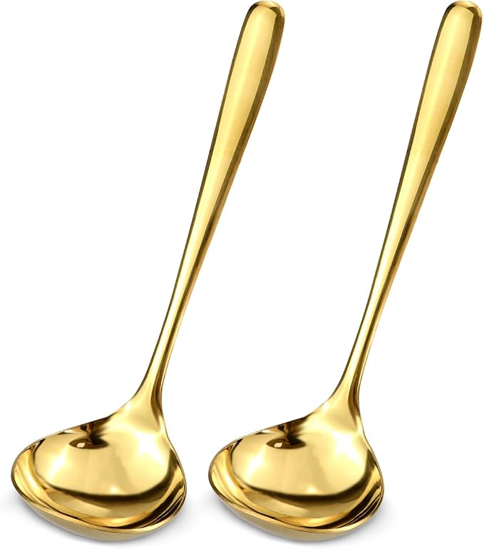 DOERDO 2Pack Stainless Steel Soup Spoons Small Ladle for Sauce Kitchen Table Serving Spoons, Gold, 7.5x2.3 Inch
