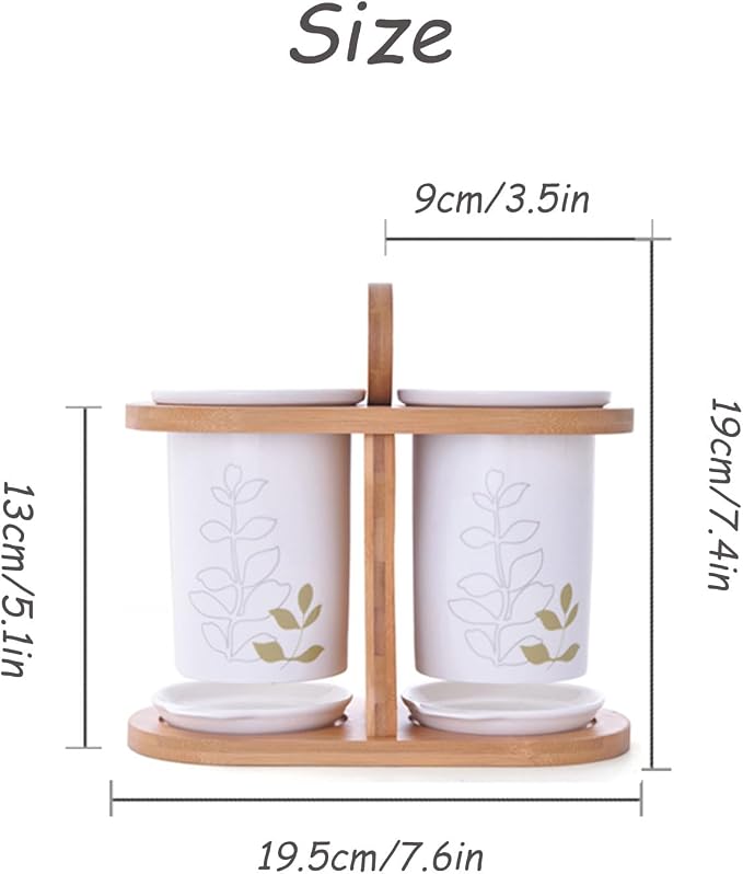 Dxcaicc Kitchen Utensil Holder for Countertop, Ceramic Silverware Caddy with Wooden Rack,Rustic Flatware Holder with Drain Tray,for Spoon, Fork, and Knife