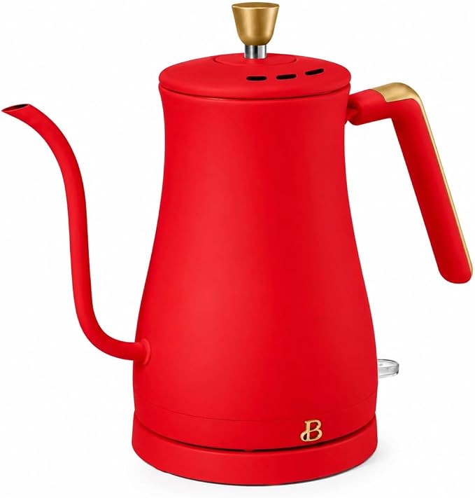 Beautiful Electric Gooseneck Kettle, 1 Liter, 1200W, Stainless Steel Interior, Fast Boil, Precision Pour Spout, Auto Shut-Off & Boil-Dry Protection (Red)