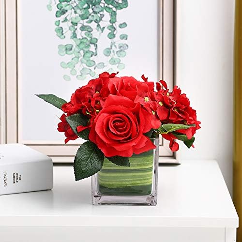 Fule Artificial Silk Rose Flower Centerpiece Arrangement in vase for Home Wedding Decoration (Red)