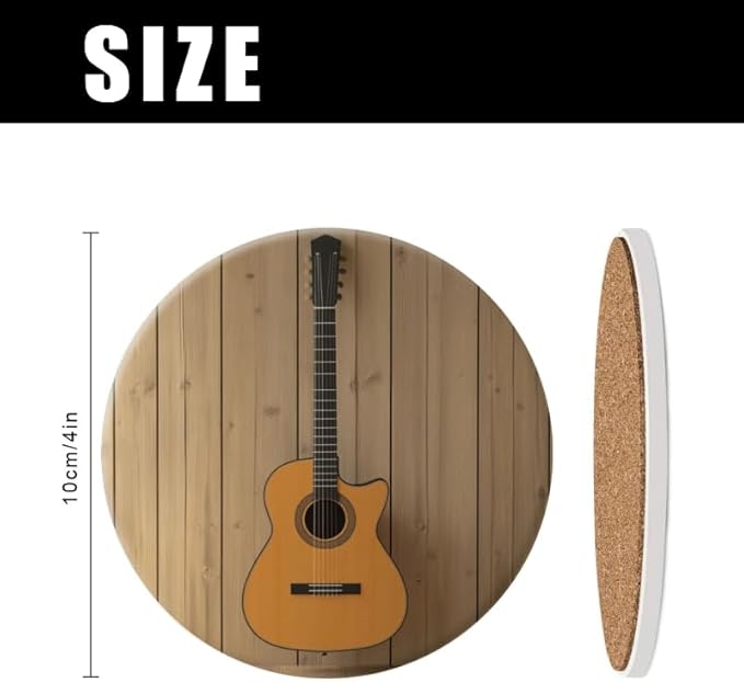 Ceramic Drink Coasters Absorbent Set of 1, Guitar Hanging on Wall Round Anti Slip Modern Cup Coasters for Desk Kitchen Office Housewarming Hostess Gifts (4 * 4 Inch)