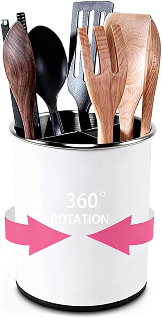 Stainless Utensil Holder 360° Rotating 6.5X5.25 Inch Utensil Crocks for Kitchen Counter with Removable Divider White