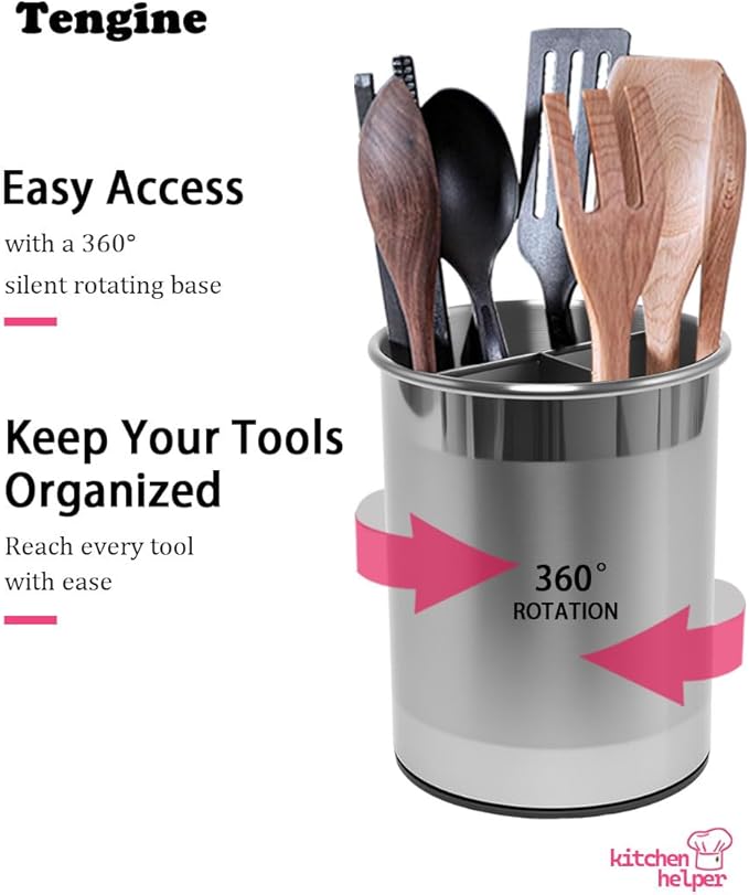 Stainless Utensil Holder 360° Rotating 6.5X5.25 Inch Utensil Crocks for Kitchen Counter with Removable Divider Bright