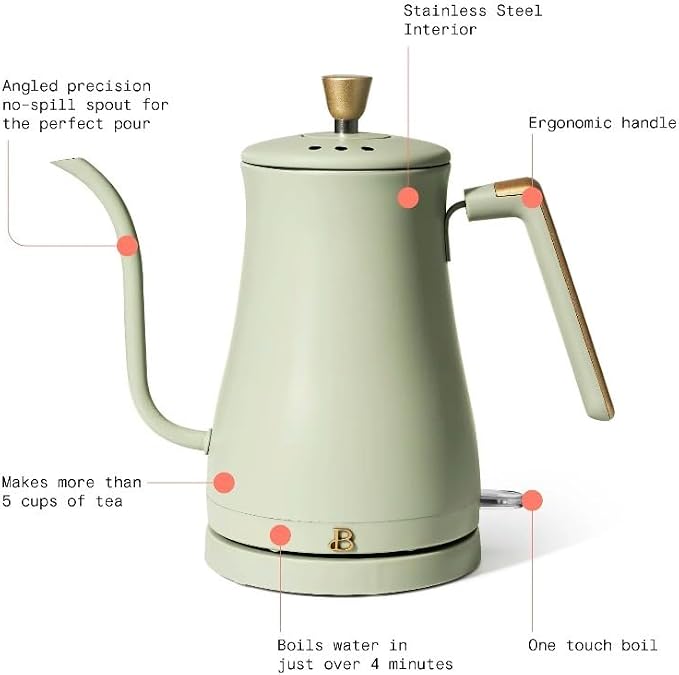 Beautiful Electric Gooseneck Kettle, 1 Liter, 1200W, Stainless Steel Interior, Fast Boil, Precision Pour Spout, Auto Shut-Off & Boil-Dry Protection (Green)