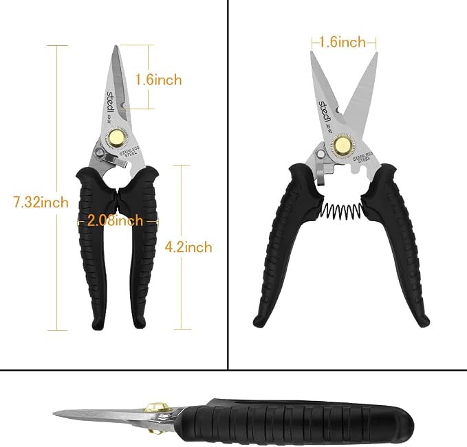 stedi Scissors Heavy Duty, Multi-Purpose Shears with Finely Serrated High Carbon Stainless Steel Blades -Easy Cutting Electrical Cable Notch, Insulation, Non-Slip Comfortable Handle, Soft Cable