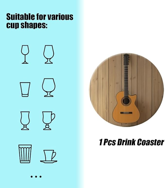 Ceramic Drink Coasters Absorbent Set of 1, Guitar Hanging on Wall Round Anti Slip Modern Cup Coasters for Desk Kitchen Office Housewarming Hostess Gifts (4 * 4 Inch)