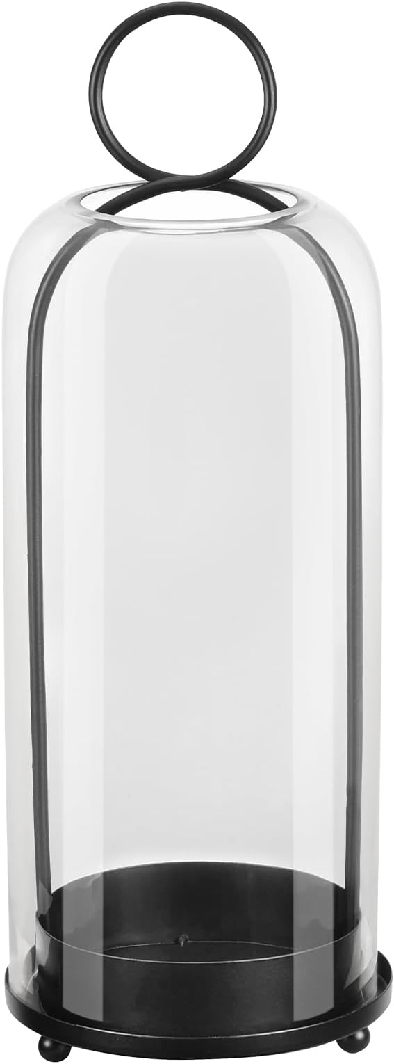 16" High Versatile Modern Metal Hurricane Lantern with Handmade Sturdy Glass Dome in Black for Pillar Candle & Plants, Industrial, Farmhouse, Shabby Chic (Black, 6.3:x16.5)