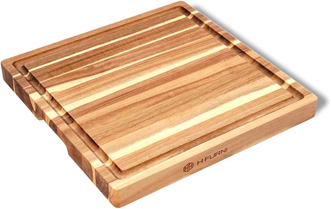Large 16" Square, 1.5" Thick Acacia Solid Cutting Board, Wooden Chopping Board for Meat, Cheese and Charcuterie Board Built-in Handles with Juice Grooves, Durable, Easy Clean Kitchen Gift